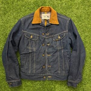 Vintage Lee Storm Rider Men's Dark Blue Denim Jacket with Corduroy Collar Sz 36R